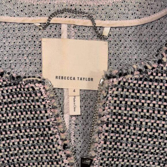 Rebecca Taylor Tweed Jacket Size 4 Zip Front Fringe Trim Pink Workwear Blazer - Picture 6 of 11